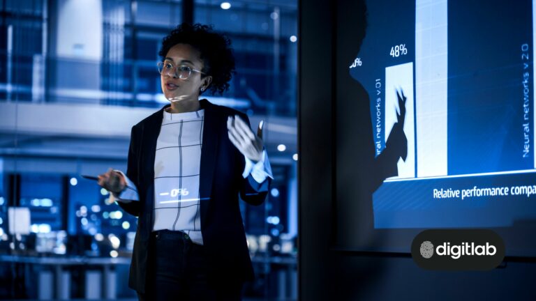 fintech marketing in 2023 - business woman giving a presentation indoors.