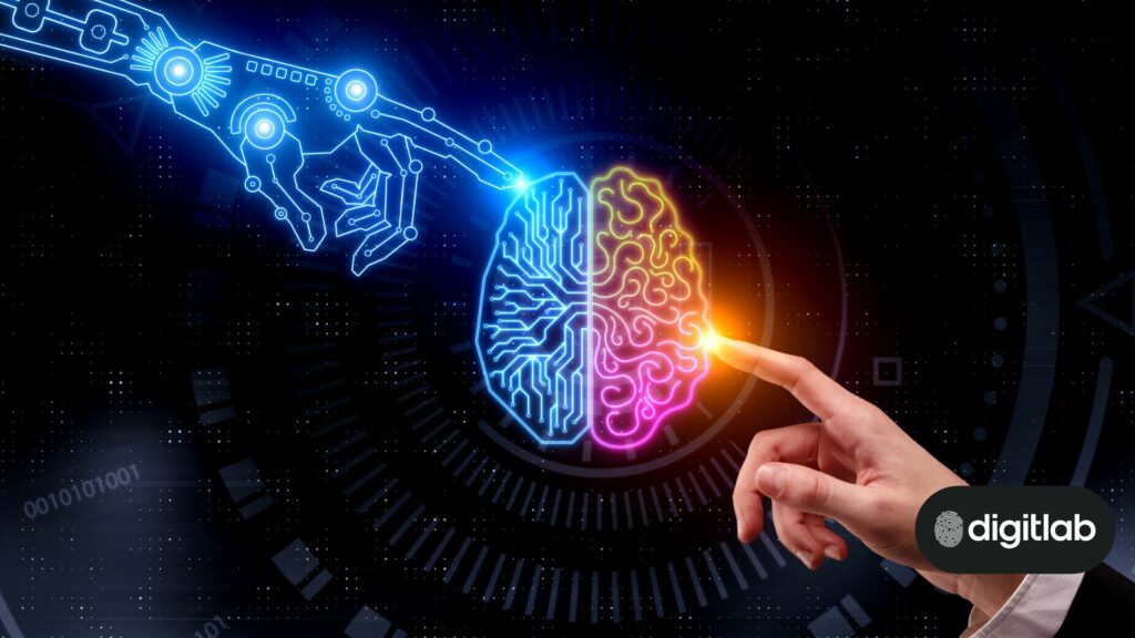 Fintech advertising - image showing AI arm and human arm meeting at a human brain in the centre.