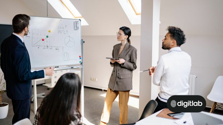 power of hubspot consulting - sales team standing around a white board with sales charts on it.