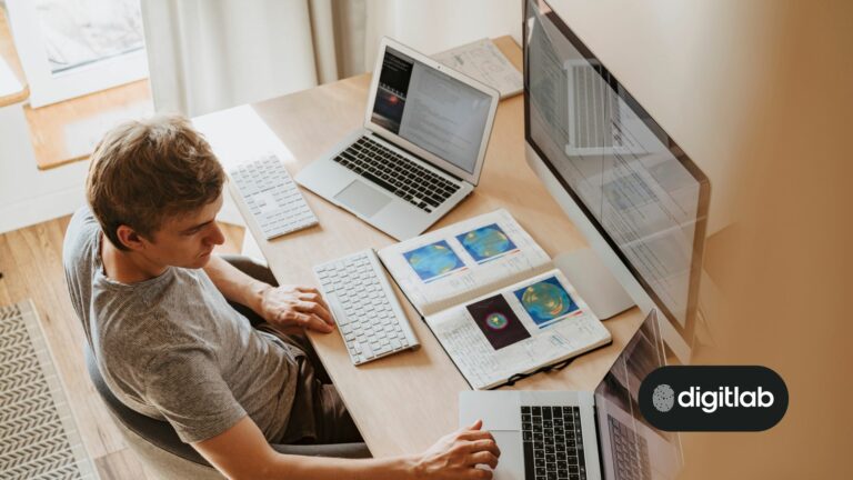 Mastering HubSpot - man sitting behind computer screens.